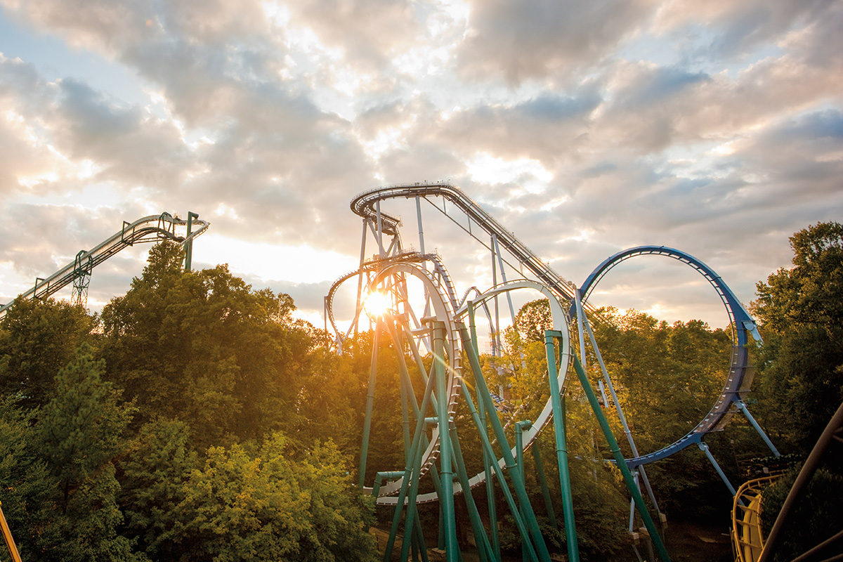 Busch Gardens roller coasters at sunset
