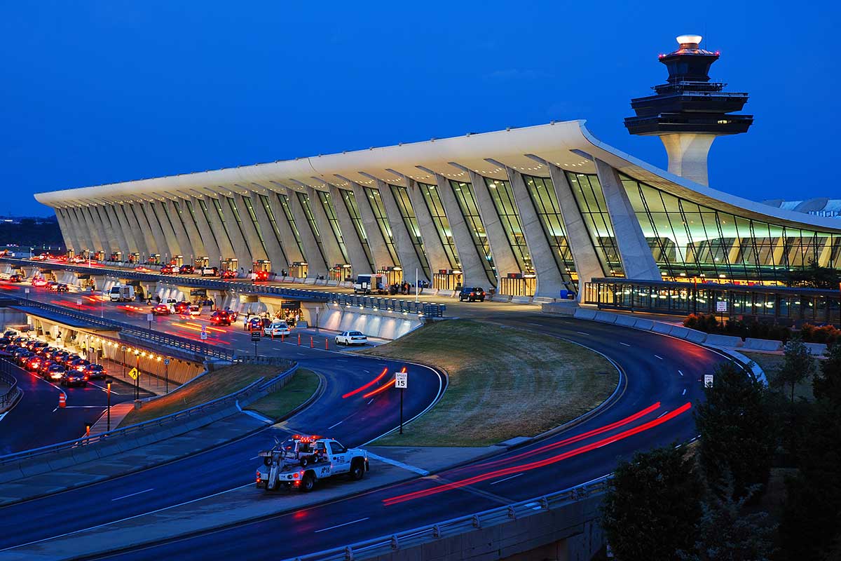 exterior shot of dulles international airport at dusk
