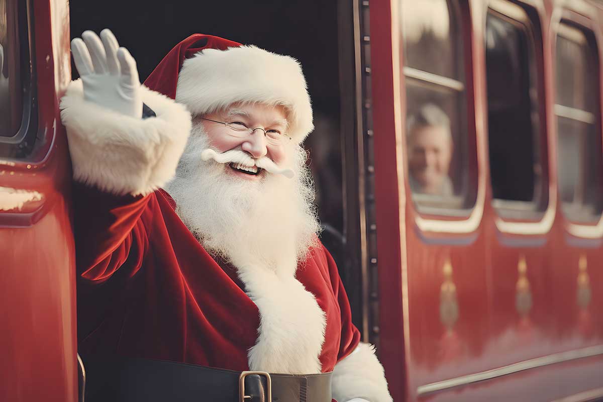 santa waving on a red train