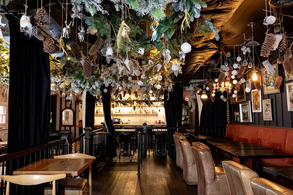 ambar dining room with winter wonderland decorations