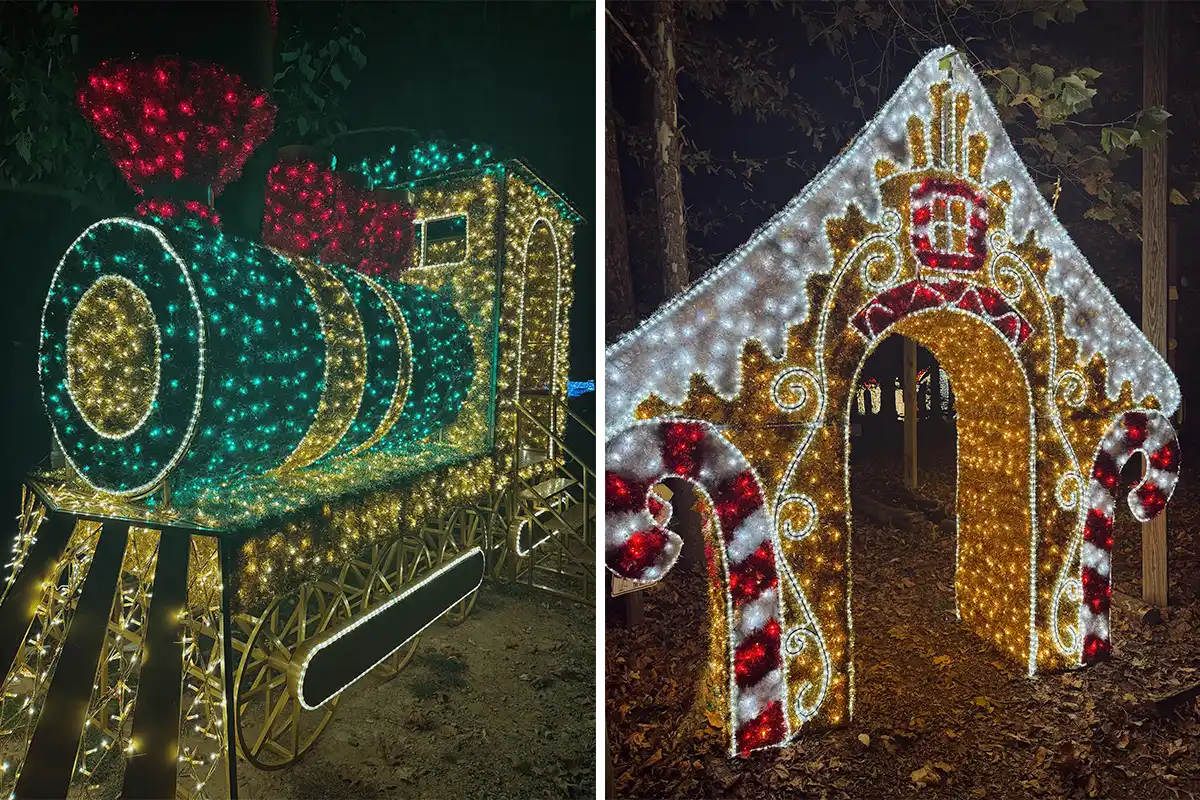 train and gingerbread house light display at harpers ferry holiday light show