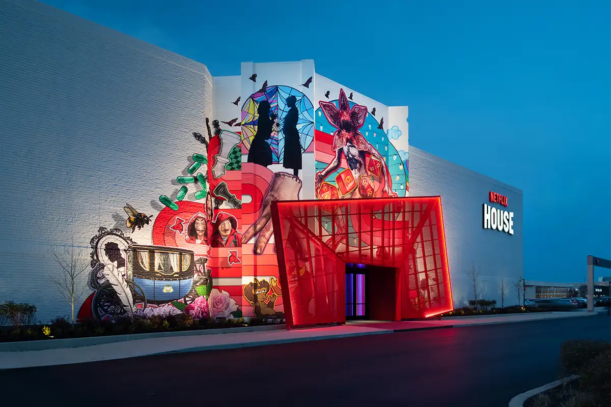 The exterior mural and entrance of the Netflix House Philadelphia