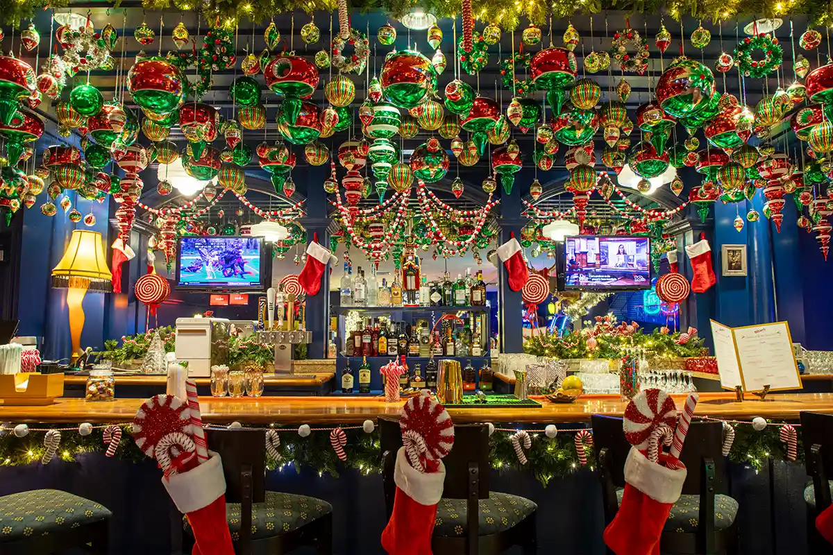 ornaments hanging from the ceiling at the bar at the omni homestead resort