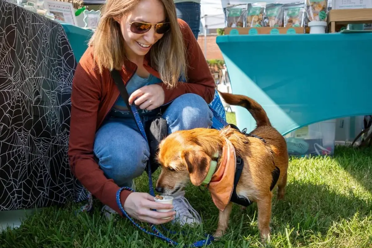 a woman gives a dog a treat at Paws in the Park