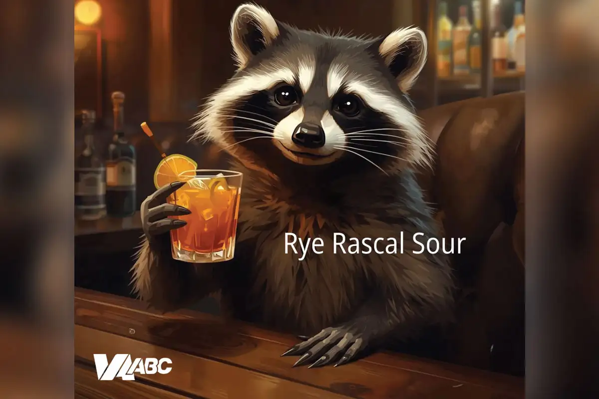 A raccoon holds a Rye Rascal Sour cocktail